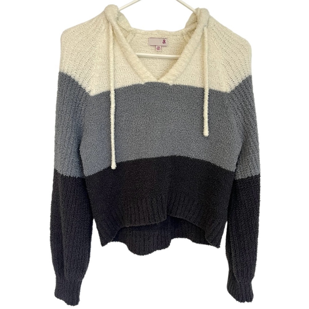 SO Juniors XS Colorblock Hoodie Hooded Sweater V Neck Slouchy Cream Gray Black